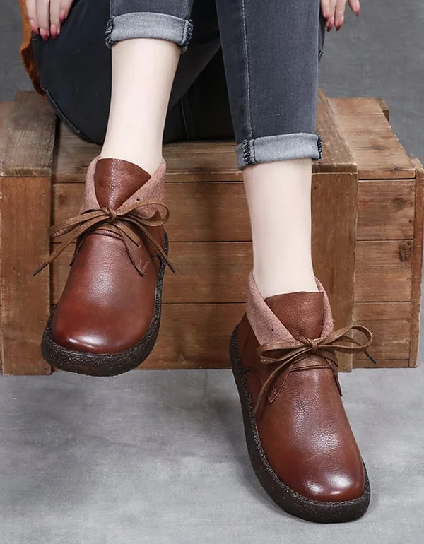 Comfortable Breathable Running Shoes Autumn Round Head Retro Leather Short boots