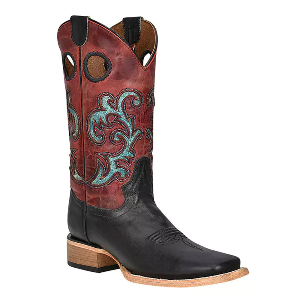 Weekend Exclusive L5909 Circle G by Corral Ladies Black w/Red Shaft & Turquoise Inlay Square Toe Cowboy Boot Weekend Exclusive L5909 Circle G by Corral Ladies Black w/Red Shaft & Turquoise Inlay Square Toe Cowboy Boot