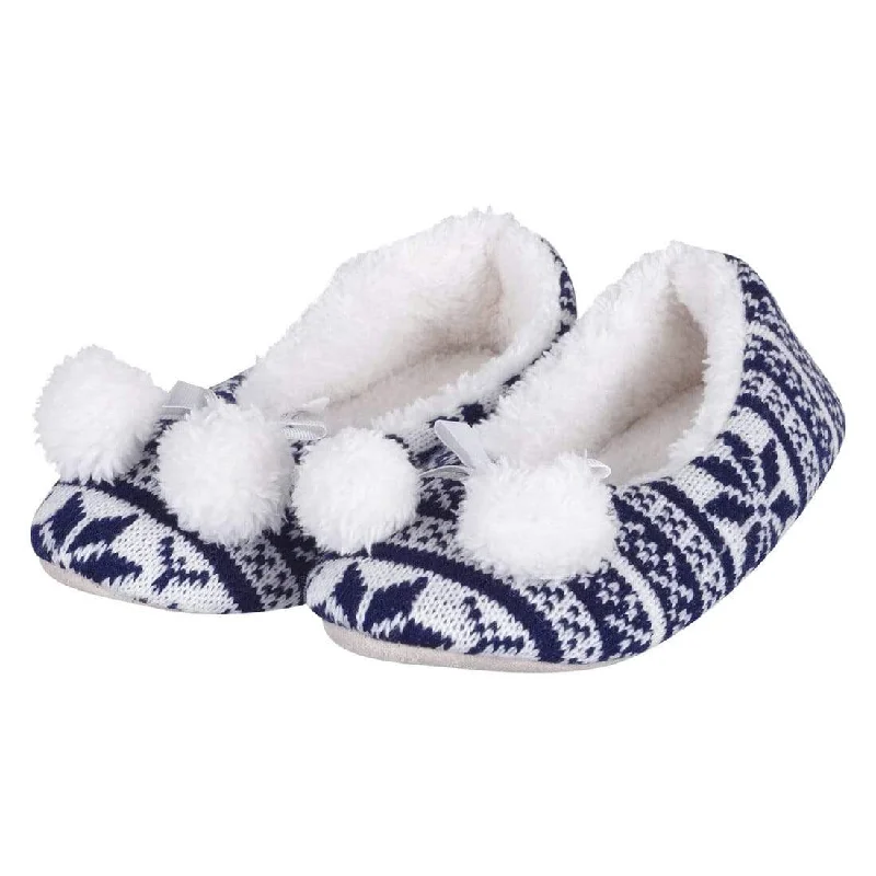 Trendy Women's Wear Collection Womens Fair Isle Knit Ballet Slippers Pom Poms Fleece