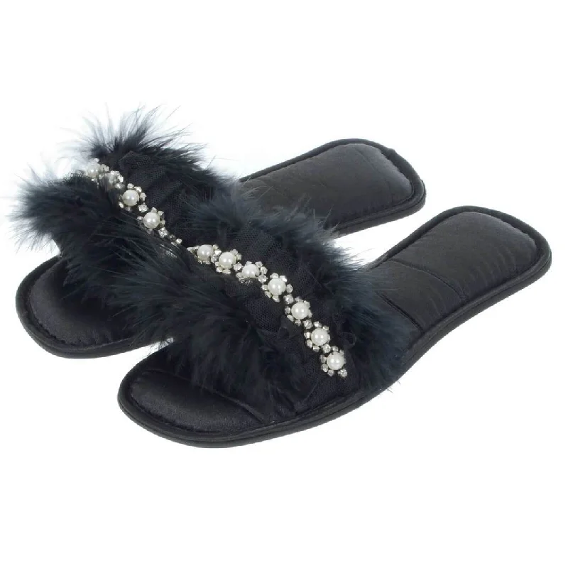 Chic Style, Always In Vogue Womens Abbie Mule Slippers Faux Fur Pearls Diamante Open Toe
