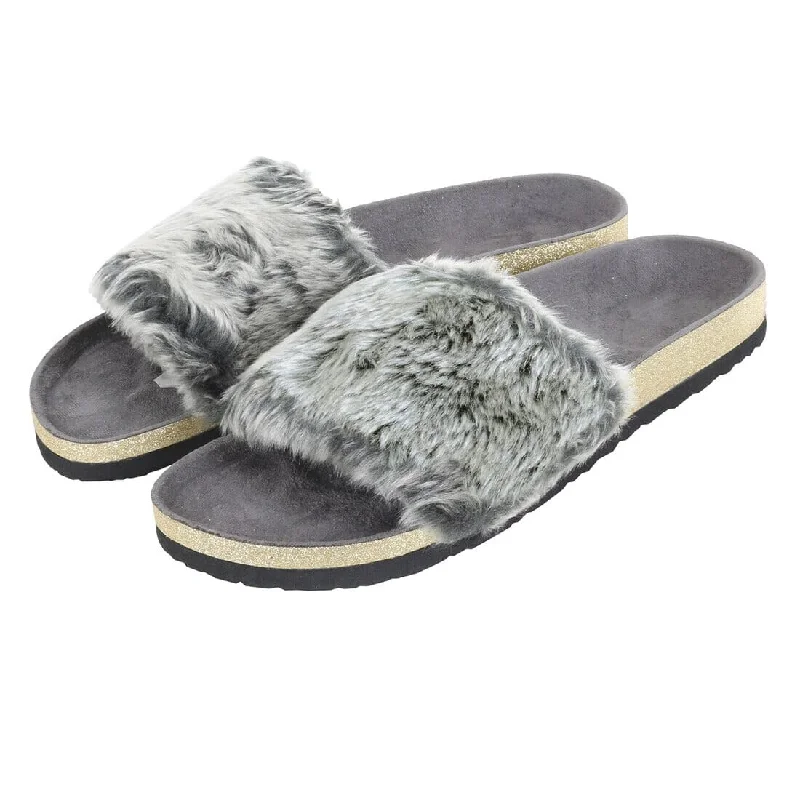 Weekend Exclusive Womens Faux Fur Sliders Slippers With Glittery Moulded Sole